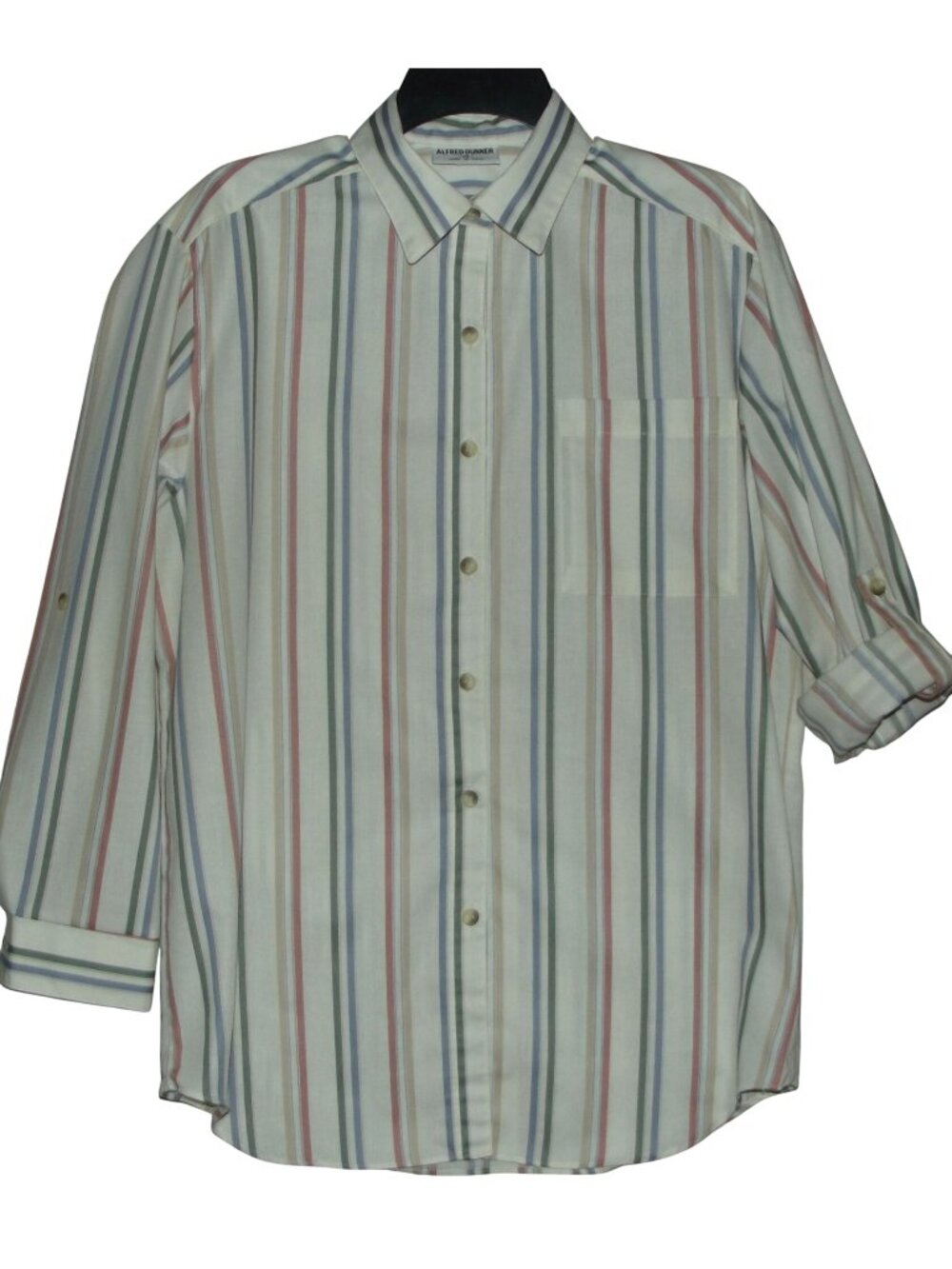 Alfred Dunner Button Shirt Womens 10 White Striped Pink Blue Tan blouse